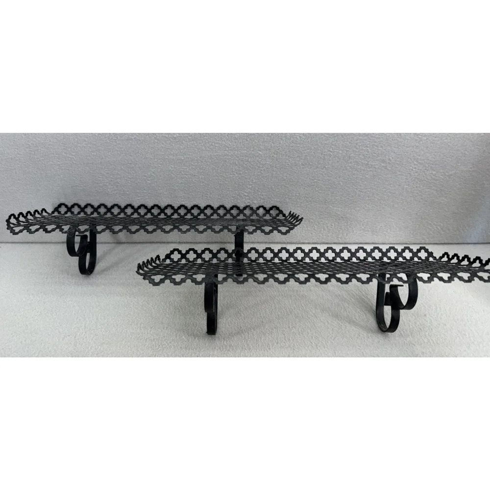 Black Metal Wall Shelves Pair Lattice Filigree MCM 13.5x4.5 Decor VTG